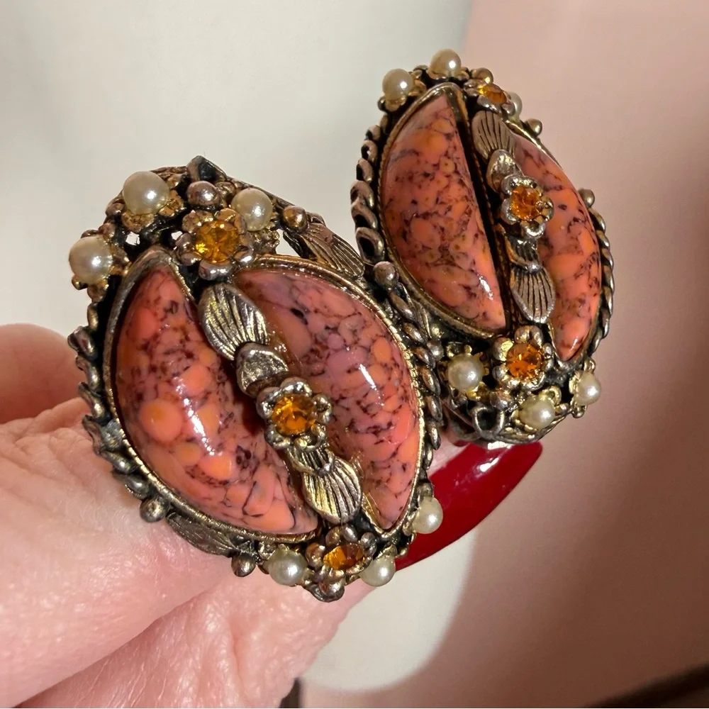 Selro Vintage 1940’s Renaissance revival faux pink Opal Pearl Oversized Earrings